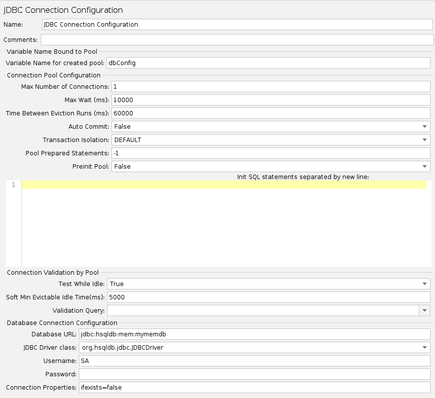 Screenshot for Control-Panel of JDBC Connection Configuration