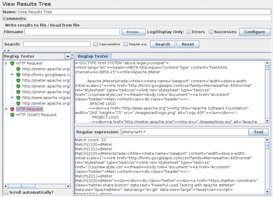 Figure 9a Sample Regexp Test display